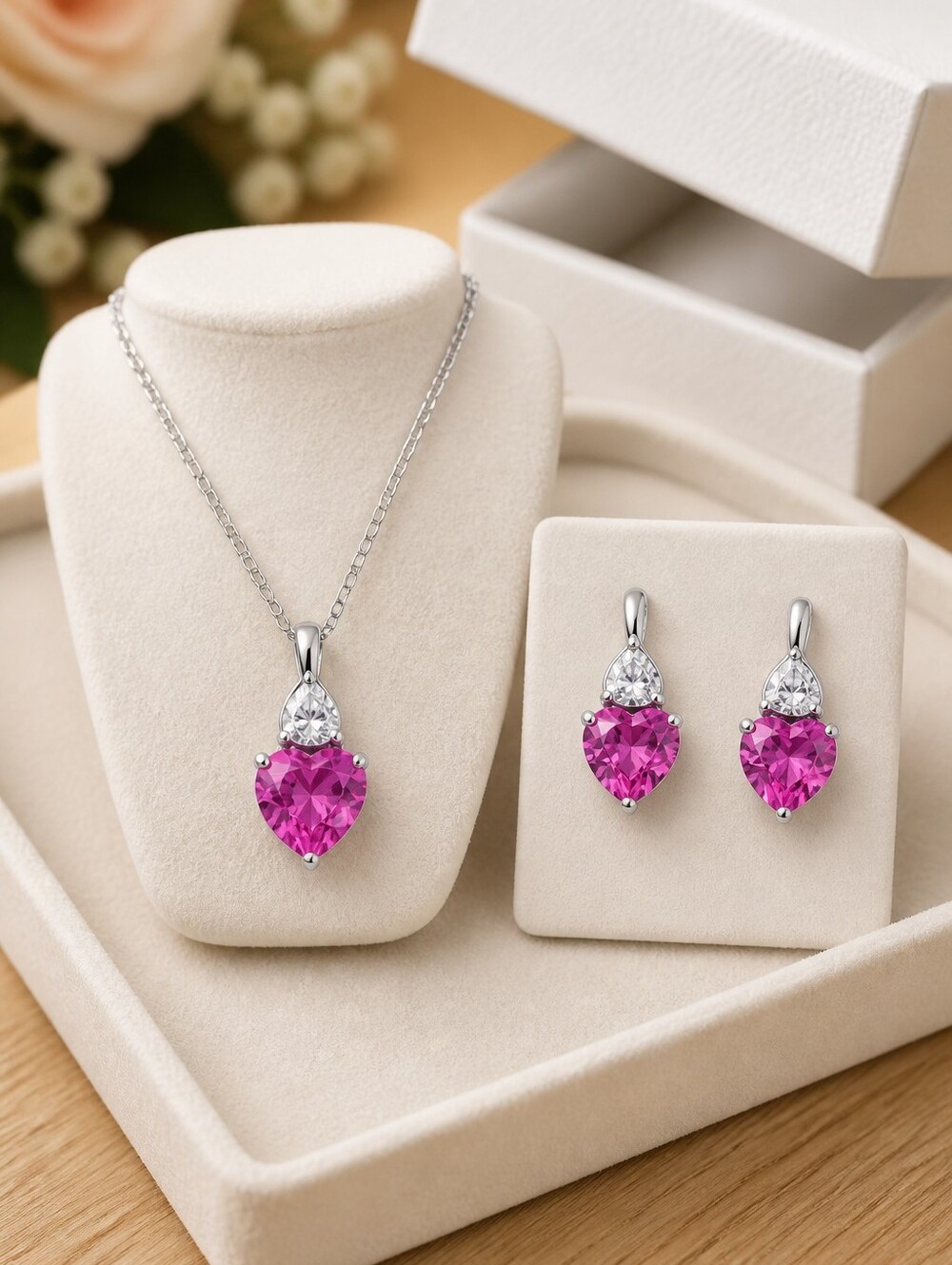Beautiful 925 Sterling Silver Pink Stone Heart Pendant & Earring Set